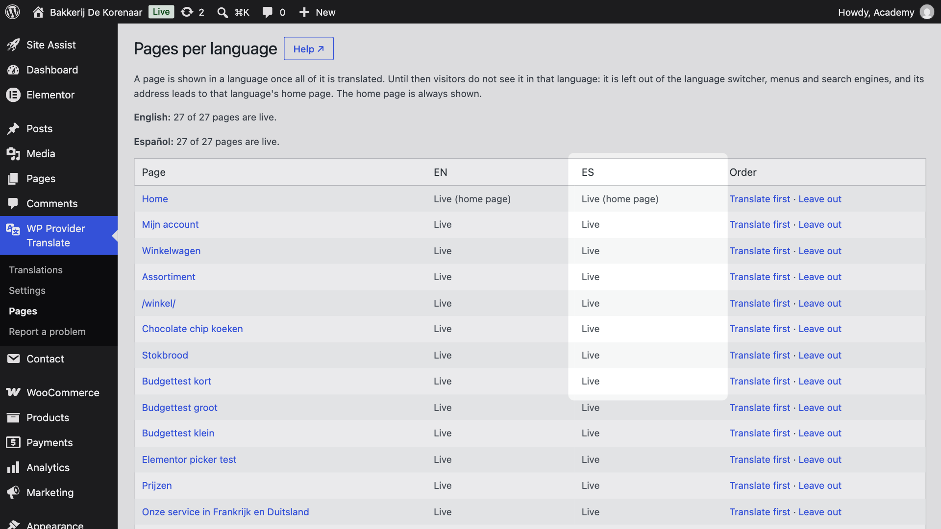 Pages per language, with the state of each page